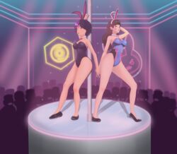 2girls asian big_hero_6 black_hair brown_hair bunny_ears bunny_girl bunnysuit crossover d.va disney female gogo_tomago jefe_juan_david marvel multiple_girls overwatch pole_between_ass pole_dancing