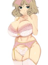 1girls 2021 big_breasts bra breasts female female_focus female_only garter_belt garter_straps haruka_(senran_kagura) kumako_(kumakonoh) looking_at_viewer panties pink_bra pink_ribbon senran_kagura simple_background solo solo_female solo_focus two_tone_bra underwear white_background white_panties