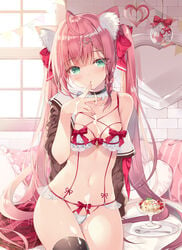 1girls blue_eyes blush bra braid breasts cat_ears cat_tail catgirl cum cum_drip cum_dripping_down_chin cum_in_mouth green_eyes hair licking_cum lingerie midriff miwabe_sakura navel original original_character panties pink_hair revealing_clothes small_breasts thick_thighs thighhighs thighs turquoise_eyes twintails