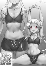 1girls arashi_chisato belly_button black_and_white bottomwear breasts dolphin_shorts gym_clothes love_live! love_live!_superstar!! medium_breasts navel red_eyes shortstack solo solo_female solo_focus splits sports_bra stretching thighs topwear twintails unsfrau white_hair