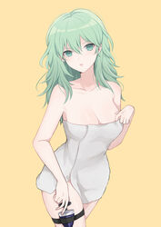 1girls absurd_res akn_646 bangs bare_arms bare_shoulders black_holster breasts byleth_(fire_emblem) byleth_(fire_emblem)_(female) cleavage collarbone cowboy_shot dagger female fire_emblem fire_emblem:_three_houses green_eyes green_hair hand_on_breast hand_on_weapon highres knife large_breasts leg_strap long_hair looking_at_viewer matching_hair/eyes naked naked_towel nintendo nude parted_lips pink_lips sheath sheathed shimizu_akina sleeveless thigh_holster thigh_strap towel weapon weapon_holster white_towel yellow_background