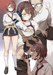 1boy absurdres ahoge azur_lane bag baltimore_(after-school_ace)_(azur_lane) baltimore_(azur_lane) bangs banssee bar_censor beige_cardigan black_choker black_neckwear black_pants black_skirt braid breast_grab breasts brown_footwear brown_hair brunette cardigan cardigan_around_waist carrying_over_shoulder censored choker cleavage clothes_around_waist collarbone collared_shirt commentary eyebrows_visible_through_hair face_mask fellatio fellatio_under_mask female french_braid full_body glasses grabbing hair_between_eyes highres holding holding_bag kneehighs large_breasts looking_at_another loose_necktie male_pubic_hair mask mouth_mask necktie official_alternate_costume old old_man older_dom_younger_sub older_male oral pants partially_unbuttoned penis pleated_skirt pubic_hair school_bag school_uniform schoolgirl shirt shoes short_hair short_sleeves sidelocks sitting skirt standing under_mask white_legwear white_shirt yellow_eyes younger_female