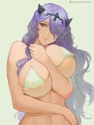 1girls alternate_costume arm_between_breasts arm_under_breasts between_breasts bikini blush breast_lift breasts camilla_(fire_emblem) closed_mouth commentary english_commentary fire_emblem fire_emblem_fates fire_emblem_heroes green_background green_bikini hair_over_one_eye heart-shaped_pupils horns huge_breasts large_breasts light_smile long_hair looking_at_viewer micro_bikini nextoad nintendo patreon_logo purple_hair purple_skin red_eyes sideboob simple_background skindentation smile solo swimsuit tiara unaligned_breasts underboob upper_body very_long_hair violet_eyes wavy_hair web_address white_bikini white_swimsuit