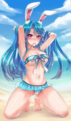 bikini blue_hair cum douluo_dalu goddess holding_hair long_hair purple_eyes rabbit_ears rabbit_girl swimsuit xiao_wu_(douluo_dalu)