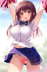 arms_up blurry blurry_background blush breasts censored cheerleader cloud cloudy_sky hands_up large_breasts long_hair navel no_panties open_clothes open_mouth open_shirt original oryou pussy ribbon see-through see-through_shirt shirt skirt sky