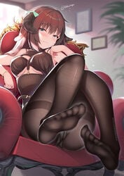 black_legwear blush breasts clothing eyebrows_visible_through_hair feet feet_towards_viewer female female high-waist_skirt high_resolution horns legs legwear looking_at_viewer migumigu no_shoes original panties_under_pantyhose pantsu pantyhose skirt soles solo tagme underboob underwear