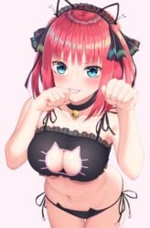 :d animal_ears animal_lingerie aqua_eyes bangs bare_arms bare_shoulders bell bell_choker bell_collar black_bra black_choker black_pants black_ribbon black_underwear blue_eyes blush bra braid breast_hold breasts butterfly_hair_ornament cat_cutout cat_ear_panties cat_keyhole_bra cat_lingerie choker clavicle cleavage cleavage_cutout clothing clothing_cutout collar collar_(animal) exposed_shoulders fake_animal_ears female frilled_bra frilled_underwear frills go-toubun_no_hanayome grin hair_ornament hands_up headdress headwear high_resolution jingle_bell keyhole_bra large_breasts lingerie looking_at_viewer maid_headdress meme_attire midriff nakano_nino navel nekomimi open-mouth_smile open_mouth pants pantsu paw_pose pink_background pink_hair ribbon short_hair side_braid simple_background smile solo sssemiii stomach string_panties tagme teeth thigh_gap tied_hair twintails underwear underwear_only v-shaped_eyebrows