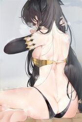 1girls adjusting_hair ass ass_cleavage back backboob bannou_ippoutsukou bikini black_hair black_ribbon breasts butt_crack elbow_gloves fate/grand_order fate_(series) female female_ass from_behind gloves hands_in_hair high_resolution ishtar_(fate) large_breasts long_hair nape posterior_cleavage ribbon sideboob sitting solo sweat sweaty_breasts swimsuit tohsaka_rin two_side_up wariza