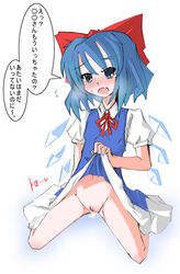 akihara_nakuru blue_eyes bow cirno dress dress_lift female japanese_text kneeling open_mouth saliva solo touhou translation_request wings