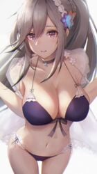 :d anthropomorphization azur_lane bangs bare_shoulders bikini blush breasts butterfly_hair_ornament choker clavicle cleavage cowboy_shot dunkerque_(azur_lane) dunkerque_(summer_sucre)_(azur_lane) eyebrows_visible_through_hair female flower grey_background grey_hair hair_ornament hairband high_resolution large_breasts long_hair looking_at_viewer navel open-mouth_smile open_clothes open_mouth open_shirt pink_eyes pixiv_id_33527726 ponytail purple_bikini ruwoka see-through sidelocks simple_background smile solo stomach swimsuit tagme thighs tied_hair