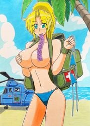 1girls 2021 bag beach big_breasts bikini blonde_hair blue_bikini blue_eyes blue_panties metal_slug military nishi_game nishigame rumi_aikawa seductive snk summer video_games