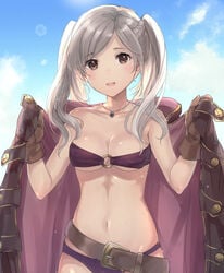 1girls :d alternate_costume bandeau bikini blush bra braid breasts brown_eyes brown_gloves clavicle cleavage clothing collarbone commentary_request cute female female_only fire_emblem fire_emblem_awakening fire_emblem_heroes gloves haru_(nakajou-28) holding holding_clothes holding_object jewelry long_hair looking_at_viewer medium_breasts navel necklace nintendo o-ring o-ring_bikini official_alternate_costume open-mouth_smile open_clothes open_clothing open_jacket open_mouth open_robe pov pov_eye_contact purple_bikini purple_swimsuit robe robin_(female)_(summer)_(fire_emblem) robin_(fire_emblem) robin_(fire_emblem)_(female) sky smile solo stomach strapless strapless_bikini strapless_swimsuit swimsuit tied_hair twintails white_hair wholesome