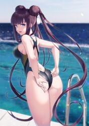 adjusting_clothes adjusting_swimsuit ass back_cutout bangs black_swimsuit blue_eyes blunt_bangs blurry blurry_background blush breasts brown_hair clothing_cutout competition_swimsuit dark_purple_hair day depth_of_field double_bun eyebrows_visible_through_hair fate/grand_order fate_(series) female from_behind hair_ornament hair_pom_pom happymonk high_resolution highleg highleg_swimsuit horizon large_breasts large_filesize leaning_forward long_hair looking_at_viewer looking_back multicolored multicolored_clothes multicolored_swimsuit ocean one-piece_swimsuit open_mouth outdoors pool pool_ladder purple_hair racerback_swimsuit raised_eyebrows sideboob solar_(happymonk) solo sparkle standing swimsuit tagme tank_suit thighs tied_hair twintails very_high_resolution very_long_hair water yang_guifei_(fate) yang_guifei_(fate/grand_order)