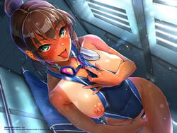 :p bangs bare_arms bare_shoulders between_breasts blue_swimsuit blush breasts brown_hair collarbone commentary_request competition_swimsuit covered_navel dutch_angle eyebrows_visible_through_hair female from_above goggles goggles_around_neck green_eyes groin hand_on_own_chest highres in_container in_locker kilesha kirewisha large_breasts light long_hair looking_at_viewer looking_up nipple_slip nipples one-piece_swimsuit one-piece_tan original ponytail solo sparkle swimsuit tan tanlines thigh_gap tongue tongue_out towel translated wet wet_clothes wet_swimsuit