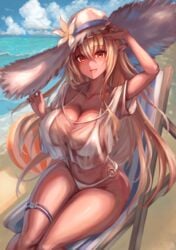 1girls 2021 beach belly big_breasts big_hat bikini bikini_bottom bikini_top blonde_hair breasts busty cleavage denchi_more_power elf female female_focus female_only hat hololive hololive_fantasy hololive_japan huge_breasts looking_at_viewer navel open_mouth seaside shiranui_flare sitting solo solo_female solo_focus thick_thighs thigh_strap thighs virtual_youtuber white_bikini white_bikini_bottom white_bikini_top