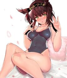 :o anthropomorphization black_swimsuit blush breasts brown_hair clavicle clothing competition_swimsuit covered_navel eriyama_(pixiv_31719084) eriyama_(user_csua4255) eriyama_e eyebrows_visible_through_hair female glint green_eyes hachimaki hair_flaps hairband hands_up hatsuzuki_(kantai_collection) headband headwear high_resolution jewelry kantai_collection looking_at_viewer medium_breasts one-piece_swimsuit open_mouth petals ring short_hair sitting skindentation solo swimsuit tagme tank_suit text_on_clothes wedding_band yellow_eyes