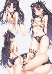 >:( ass ass_cleavage bangs bare_arms bare_shoulders black_hair black_ribbon blush bra breasts butt_crack cameltoe cleavage closed_mouth clothing crop_top crown earrings eyebrows_visible_through_hair fate/grand_order fate_(series) female frown grey_background groin hair_ornament hair_ribbon hand_up headwear high_resolution hoop_earrings in_profile ishtar_(fate) jewelry leaning_forward long_hair looking_at_viewer looking_back lying multiple_views navel on_side parted_bangs pixiv_id_10403741 red_eyes revealing_clothes ribbon rong_yi_tan simple_background small_breasts smile solo standing strapless tagme thighs tiara tohsaka_rin tubetop two_side_up v-shaped_eyebrows very_long_hair