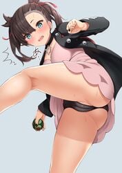 ass asymmetrical_bangs asymmetrical_hair backpack bag bangs black_jacket black_nails black_panties black_underwear blue_eyes blush breasts brown_hair cameltoe cleavage creatures_inc. dress dusk_ball embarrassed female game_freak hair_ornament hair_ribbon high_resolution holding holding_object holding_poke_ball human izure_(pixiv16392012) jacket long_hair long_sleeves looking_at_viewer marnie_(pokemon) medium_breasts nail_polish nintendo open_clothes open_jacket open_mouth pantsu partially_visible_vulva pink_dress poke_ball pokemon pokemon_(game) pokemon_ss red_ribbon ribbon short_dress simple_background solo tagme thighs tied_hair twintails undercut underwear updress upskirt viewed_from_below