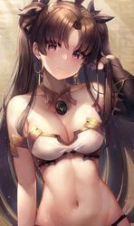 arm_at_side armlet asymmetrical_sleeves bangs bare_shoulders black_hair blush breasts cleavage clothing crown detached_collar earrings elbow_gloves eyebrows_visible_through_hair fate/grand_order fate_(series) female floating_hair gloves hair_ornament hair_ribbon hand_in_hair head_tilt headwear high_resolution hoop_earrings ishtar_(fate) jewelry light_particles long_hair looking_at_viewer medium_breasts motokonut navel parted_bangs pixiv_id_1836747 red_eyes ribbon single_elbow_glove solo stomach tagme tohsaka_rin two_side_up