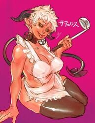 1girls bbw big_breasts black_sclera breasts bubububu_bbb curvy dark-skinned_female dark_skin demon demon_girl demon_horns demon_tail drawn elf-san_wa_yaserarenai female horn horns humanoid naked_apron plump pointy_ears satero satyr short_hair solo solo_female tail thick_thighs tongue very_short_hair voluptuous wide_hips yellow_eyes