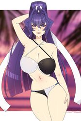 1girls bare_thighs bikini black_bikini black_swimsuit blue_eyes cleavage cryptid_crab huge_breasts long_hair looking_at_viewer mitsurugi_meiya muv-luv ponytail purple_hair smile solo sunset swimsuit very_long_hair white_bikini white_swimsuit