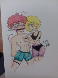 aiden_fox_(fnafhs) ann_chica_(fnafhs) blonde_hair chica_(fnafhs) female_domination fhs fhsz3r0 fnafhs fnafhs_z3ro foxy_(fnafhs) red_hair vibrator_on_penis