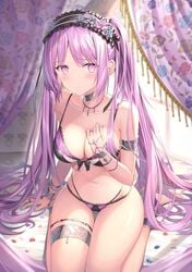 1girls alternative_bust_size bangs bare_shoulders bent_knees bikini black_bikini black_swimsuit blush bra breasts choker cleavage curtains euryale euryale_(fate) euryale_(fate/hollow_ataraxia) fate/grand_order fate/hollow_ataraxia fate_(series) female frilled_hairband frills hairband high_resolution lingerie lolita_hairband long_hair looking_at_viewer medium_breasts multi-strapped_bikini picot_trim picot_trim_bra picot_trim_lingerie picot_trim_panties purple_eyes purple_hair rin_yuu sitting sitting_on_floor solo swimsuit tagme thigh_strap thighs tied_hair twintails underwear wariza