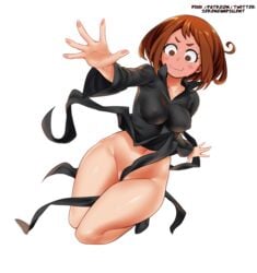 1girls blush breasts brown_eyes brown_hair cosplay crossover embarrassed female my_hero_academia nipple_bulge ochako_uraraka sereneandsilent short_hair solo tatsumaki_(cosplay) thick_thighs thighs white_background