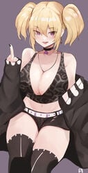 artist_signature bare_shoulders belt black_jacket black_shorts blonde_hair blush breasts choker cleavage coco_kaine collarbone earrings eyebrows_visible_through_hair eyes_visible_through_hair female first_porn_of_franchise gyaru hair_between_eyes hand_up highres holoforce hololive hololive_japan jacket jacket_off_shoulders large_breasts light_blush looking_at_viewer medium_hair middle_finger midriff mole mole_under_eye nail_polish navel necklace open_mouth pineapple_(pine) pineapplelava purple_background purple_eyes short_shorts shorts simple_background solo thighhighs thighs twintails virtual_youtuber