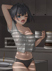 arm_behind_head bangs black_hair black_panties black_underwear blush breasts clavicle cleavage clothing coffee coffee_maker_(object) coffee_mug coffee_pot crop_top cup eyebrows_visible_through_hair female hair_intakes high_resolution holding holding_cup hololive hololive_english hololive_english_-council- hololive_english_-promise- indoors kitchen large_breasts looking_at_viewer messy_hair microwave midriff modagitbi mug navel one_arm_up open_mouth ouro_kronii pantsu shade shirt short_hair short_sleeves single_bare_shoulder sleepy solo strap_slip tagme tears teeth underwear virtual_youtuber waking_up wardrobe_malfunction white_shirt yawning