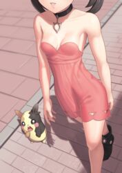 bare_arms bare_shoulders black_choker black_footwear black_hair breasts choker clavicle cleavage collar day dress female high_resolution hips jewelry marnie_(pokemon) medium_hair morpeko necklace nintendo no_bra outdoors parted_lips pendant pink_dress pink_lips pokemon pokemon_species pokemon_ss public putcher shadow short_hair small_breasts smile solo strapless strapless_dress tagme thighs tied_hair twintails walking