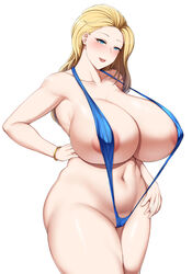 1girls 2021 alternate_version_available areola_slip bare_shoulders belly blonde_hair blue_eyes blue_eyes_(manga) blue_swimsuit blue_swimwear blush bracelet breasts cecilia_misono collarbone covered_nipples curvy dantes_ward female female_focus female_only hand_on_own_waist hand_on_waist huge_breasts navel plump simple_background slingshot_swimsuit solo solo_female solo_focus swimsuit swimwear thick thick_thighs white_background wide_hips