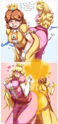 1boy 2girls 2koma ass ass_in_dress ass_on_face big_ass big_butt bimbo blonde_hair blue_eyes blush breasts brown_hair clothed clothing comic dress english_text fart fart_bukkake fart_cloud fart_fetish farting female gas gassed gassing gassy gassy_female giantess heart lazei long_hair looking_back luigi male mario_(series) multiple_girls nintendo passing_gas princess_daisy princess_peach simple_background smile standing text