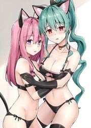 2girls ahoge animal_ears aqua_hair arm_strap bare_shoulders bell black_bra black_choker black_gloves black_legwear black_panties black_underwear bow bra breasts cat_cutout cat_lingerie cat_tail choker clavicle cleavage cleavage_cutout clothing clothing_cutout cowboy_shot extra_ears female gloves hair_ornament hairbow halterneck high_resolution jingle_bell kemonomimi_mode kotatsu_(kotatsu358) large_breasts legwear lingerie long_hair looking_at_viewer medium_breasts meme_attire mole mole_under_eye momochi_ayame multiple_girls navel neet_de_otaku_na_kunoichi_to_naze_ka_dousei_hajimemashita nekomimi open_mouth paid_reward pantsu parted_lips pink_hair ponytail purple_eyes red_eyes shizuri_(neet_de_otaku_na_kunoichi_to_naze_ka_dousei_hajimemashita) side-tie_panties stomach strap_gap string_bra tagme tail thighhighs thighs tied_hair underwear underwear_only very_long_hair wavy_hair