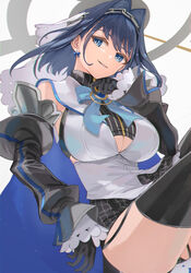 bangs black_legwear blue_bow blue_eyes blue_hair blue_neckwear bow bow_earrings bowtie breasts clothing clothing_cutout dai00888 detached_sleeves earrings eyebrows_visible_through_hair female head_chain high_resolution hololive hololive_english hololive_english_-council- hololive_english_-promise- jewelry large_breasts legwear looking_at_viewer ouro_kronii short_hair smile solo tagme thighhighs underboob_cutout virtual_youtuber