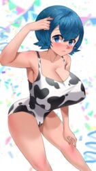 1girls aged_up alternate_breast_size armpits big_breasts blue_eyes blue_hair blush breasts cow_swimsuit eye_contact huge_breasts lana_(pokemon) large_breasts looking_at_viewer nintendo pokemon pokemon_sm short_hair solo standing sumisumii swimsuit thighs