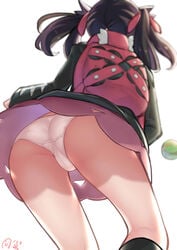 ass back backpack bag black_hair blurry cameltoe creatures_inc. depth_of_field dress dusk_ball facing_away female from_behind fully_clothed grey_background hair_ornament hair_ribbon high_resolution human kizibato123go kneehighs lingerie long_hair marnie_(pokemon) medium_hair nintendo outerwear panchira panchira_(standing) pantsu pink_dress pixiv_id_41144430 poke_ball pokemon pokemon_ss red_ribbon ribbon signature simple_background solo standing tagme thighs tied_hair twintails underwear upskirt very_high_resolution viewed_from_below white_panties white_underwear