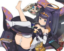 1girls :/ armwear artist_request ass ass_focus ass_up black_dress blue_eyes book chilling chips choker demon demon_girl demon_slayer diadem drinking drinking_straw eyebrows_visible_through_hair feet female female_only flat_chest flat_chested food food_on_floor gloves halo holding holding_food holding_leg holding_object hololive hololive_english hololive_myth kamado_nezuko kamado_tanjirou kimetsu_no_yaiba laying_down laying_on_back legs_up long_hair looking_at_viewer magazine manga multicolored_hair ninomae_ina'nis nintendo nintendo_switch orange_hair panties purple_hair small_breasts socks solo sprite stockings straw sword tentacle tiara very_long_hair virtual_youtuber white_background white_panties