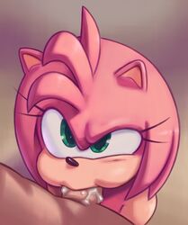 amy_rose anthro aoncyth blowjob bodily_fluids cum cum_from_mouth cum_in_mouth cum_inside deep_throat deepthroat duo eulipotyphlan eyelashes faceless_character faceless_male fellatio female female_focus fur genital_fluids genitals green_eyes hedgehog hi_res human human_on_anthro interspecies male mammal oral oral_penetration penetration penile penis pink_body pink_fur sega sex simple_background sonic_(series) sonic_the_hedgehog_(series) upscaled