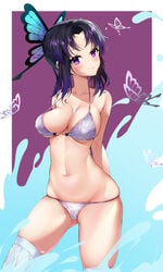 arms_behind_back big_breasts bikini black_hair butterfly_hair_ornament cleavage cqingwei dark_hair demon_slayer female female_only kimetsu_no_yaiba kochou_shinobu looking_at_viewer purple_background purple_eyes purple_hair smile solo swimsuit thighhighs underboob white_bikini wide_hips zettai_ryouiki