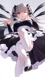 anthropomorphization azur_lane black_dress bow breasts dress eyebrows_visible_through_hair female formidable_(azur_lane) grey_background grey_hair hair_ornament hairbow high_heels high_resolution large_breasts long_hair long_sleeves maid medium_breasts one_eye_closed pixiv_id_36534524 red_eyes shoes simple_background solo tagme thighhighs tied_hair to_gemichi twintails wink