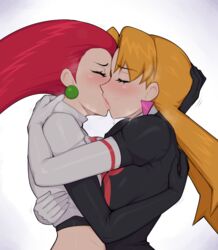 2girls absurd_res afrobull armwear breast_press breasts cassidy_(pokemon) closed_eyes earrings embrace french_kiss french_kissing hi_res hug hugging human jessie_(pokemon) kissing lesbian_kiss nintendo orange_hair pokemon red_hair team_rocket team_rocket_uniform yuri