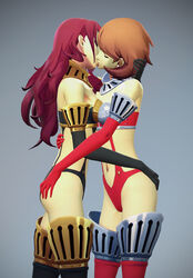 2girls 3d armor atlus battle_panties brown_hair closed_eyes clothed clothing ear_piercing eclair_stones female hand_on_ass high-cut_armor kissing lipstick medium_hair mitsuru_kirijo mitsuru_kirijo_(sexy_armor) persona persona_3 red_hair short_hair sideboob white_skin yukari_takeba yuri