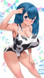 1girls aged_up alternate_breast_size armpits big_breasts blue_eyes blue_hair blush breasts cow_swimsuit eye_contact huge_breasts lana_(pokemon) large_breasts long_hair looking_at_viewer nintendo pokemon pokemon_sm solo standing sumisumii swimsuit thighs