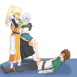 barefoot blonde_hair blue_hair brown_hair brunette chris_(konosuba) darkness_(konosuba) denki_anma footjob kono_subarashii_sekai_ni_shukufuku_wo! light_blue_hair naughty_face on_back penis satou_kazuma standing standing_footjob stepped_on trample trampling uncensored zeik999