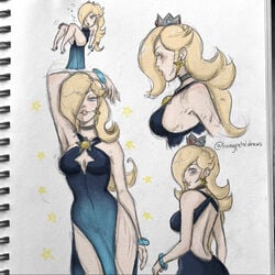 big_breasts blonde_hair crown dress livingpetal mario_(series) nintendo princess_rosalina revealing_clothes seductive_look seductive_smile starry_night_dress_(sarukaiwolf) super_mario_galaxy thick_thighs