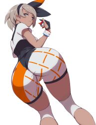 1girls ass ass_focus bea_(pokemon) big_ass clothed clothing female female_only fingerless_gloves gloves gym_leader human human_only looking_at_viewer looking_back pokemon pokemon_ss short_hair solo white_background zeronis