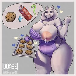 1:1 anthro areola bedroom_eyes belly big_areola big_belly big_breasts blue_eyes bodily_fluids border boss_monster bovid breasts caprine cookie curvy_figure duase female food fur heart hi_res huge_breasts implied_cannibalism lactating looking_at_viewer mammal mature_female narrowed_eyes nipples one_breast_out open_mouth open_smile overweight overweight_anthro overweight_female pink_border seductive smile solo thick_thighs toriel undertale video_games voluptuous white_body white_fur wide_hips