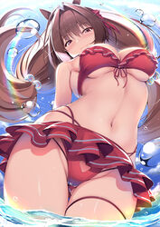 bangs bare_shoulders bikini bikini_skirt blue_sky blush breasts brown_hair closed_mouth clothing cloud daiwa_scarlet_(umamusume) day eyebrows_visible_through_hair female front-tie_bikini front-tie_top gluteal_fold groin hair_intakes hair_ornament hair_ribbon high_resolution large_breasts long_hair looking_at_viewer migumigu navel outdoors partially_submerged red_bikini red_eyes red_swimsuit ribbon sky smile solo standing stomach sunlight swimsuit tagme thighs umamusume underboob viewed_from_below wading water water_drop