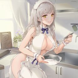 1girls apron big_breasts blouse blush breasts chowbie cleavage cleavage_cutout collared_dress cooking cuffs eyelashes eyeliner female female_only frills indoors kitchen light-skinned_female long_hair looking_at_viewer maid maid_apron maid_headdress maid_uniform makeup naked_apron original shirt thigh_gap white_hair wife yellow_eyes